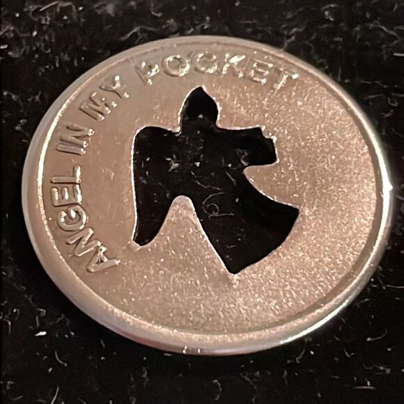 1” silver tone round coin w/Angel shape cut out “Angel in my pocket” - Picture 5 of 12